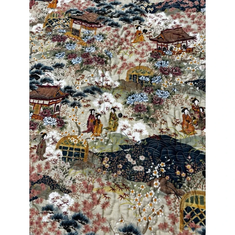 Cuddledown King Cotton Floral Asian Garden Quilted Bedspread 112x98 Scalloped